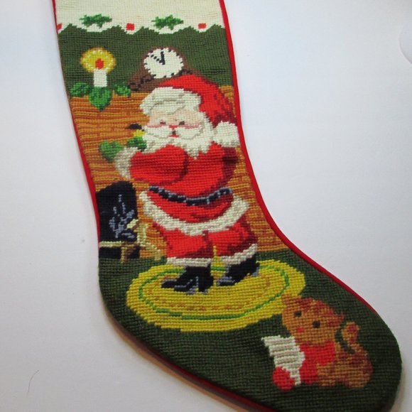 Other - vtg Imperial Elegance needlepoint Christmas Stocking Santa by fireplace with cat